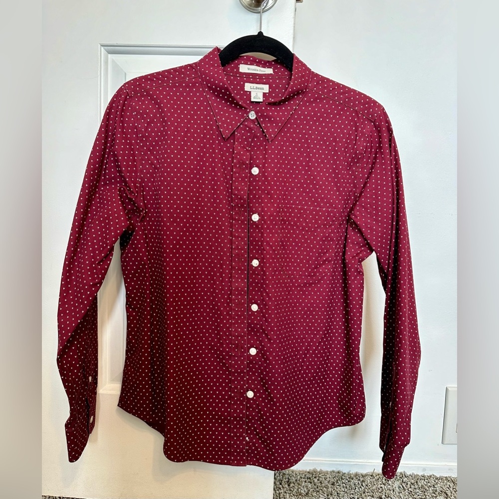 Maroon White Petite Small L.L. Bean Wrinkle Free Collared Shirt